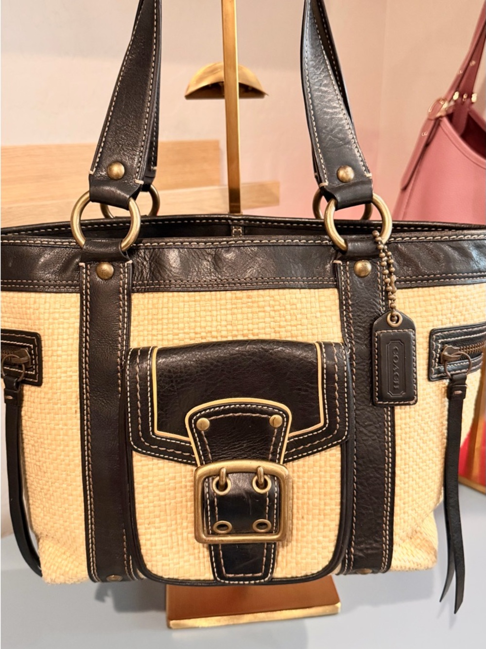 Vintage Y2K Coach Two-Tone Straw Tote with Black Leather Trim